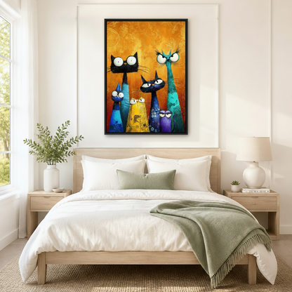 Black framed whimsical colorful cat family canvas art with five expressive cats in black teal cobalt blue golden yellow and purple with wide cartoon eyes and dramatic whiskers in thick impasto oil-paint style on a glowing amber floral-textured background, hung above a light wood bed with white linen bedding and a sage green throw in a serene Scandinavian bedroom