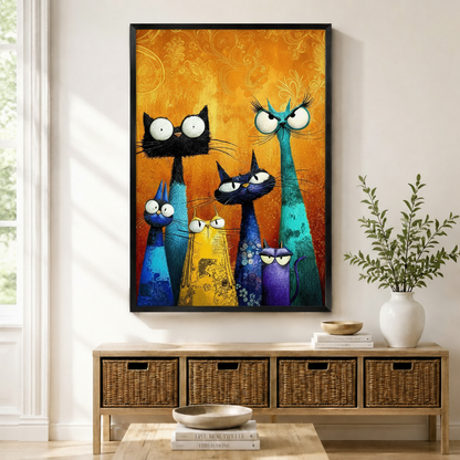 Black framed whimsical colorful cat family canvas art with five quirky cats in black teal blue yellow and purple with oversized googly eyes and expressive faces rendered in bold impasto brushstrokes on a vibrant golden amber floral-textured background, displayed above a rattan storage console in a bright entryway