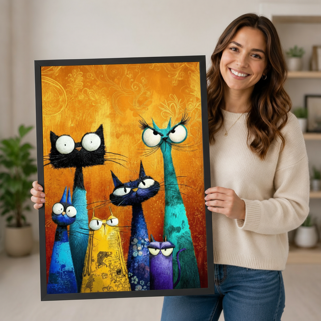 Smiling woman in a cream sweater holding a large black framed whimsical colorful cat family canvas art print with five cartoon cats in black teal blue yellow and purple with oversized googly eyes and bold impasto brushwork on a vibrant golden amber floral background