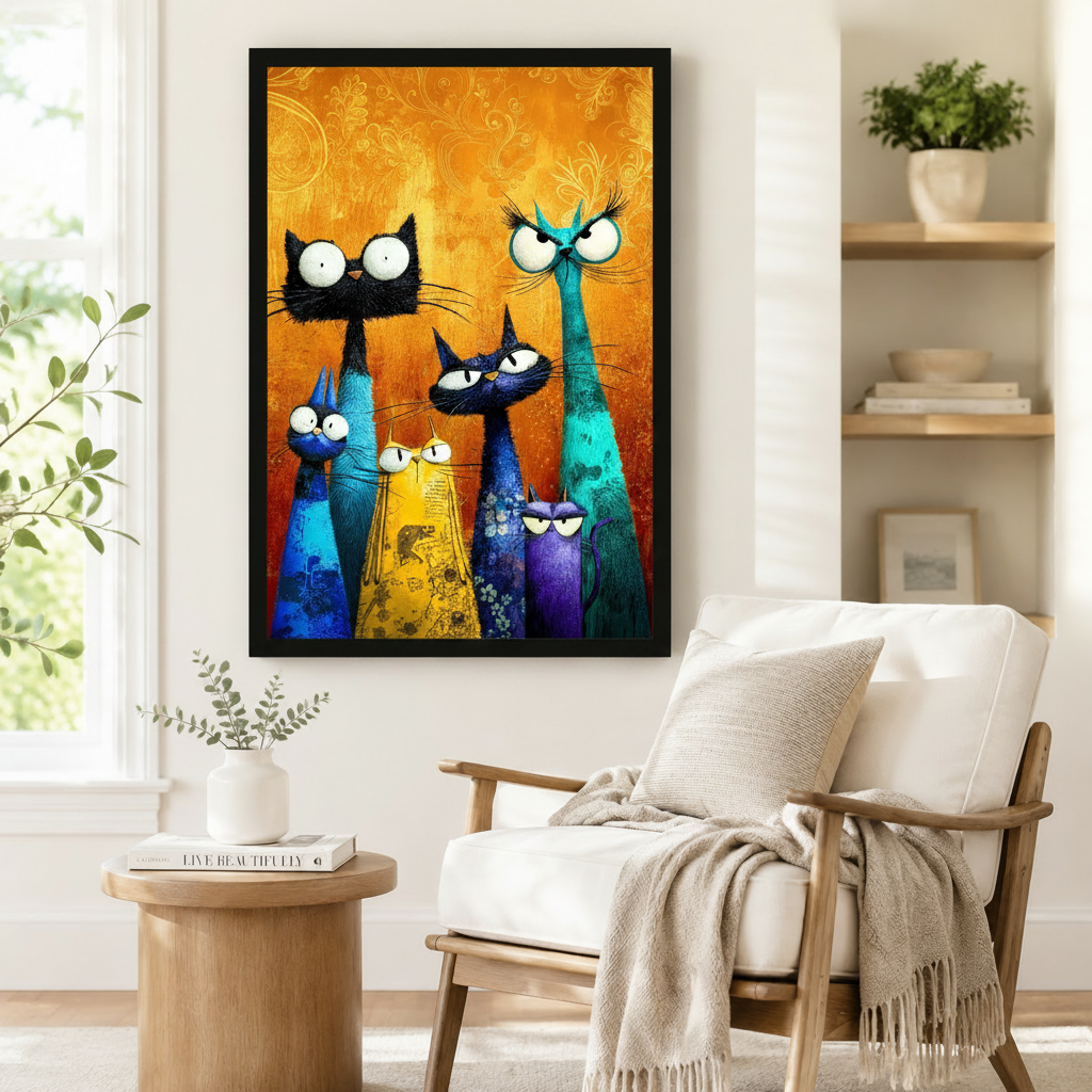 Black framed whimsical colorful cat family canvas art showing five quirky cats of varying heights in black teal blue yellow and purple with oversized expressive eyes and long whiskers in bold textured oil-paint style on a warm golden amber floral-patterned background, displayed beside a white linen armchair in a cozy reading nook