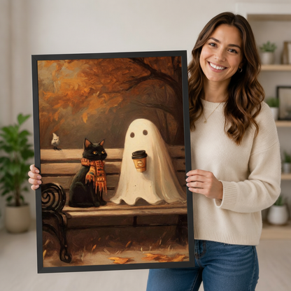 Smiling woman holding a large black framed whimsical Halloween art print of a black cat with orange scarf and a ghost drinking coffee on an autumn park bench, showing scale for home decor gifting against a neutral indoor backdrop with potted plants