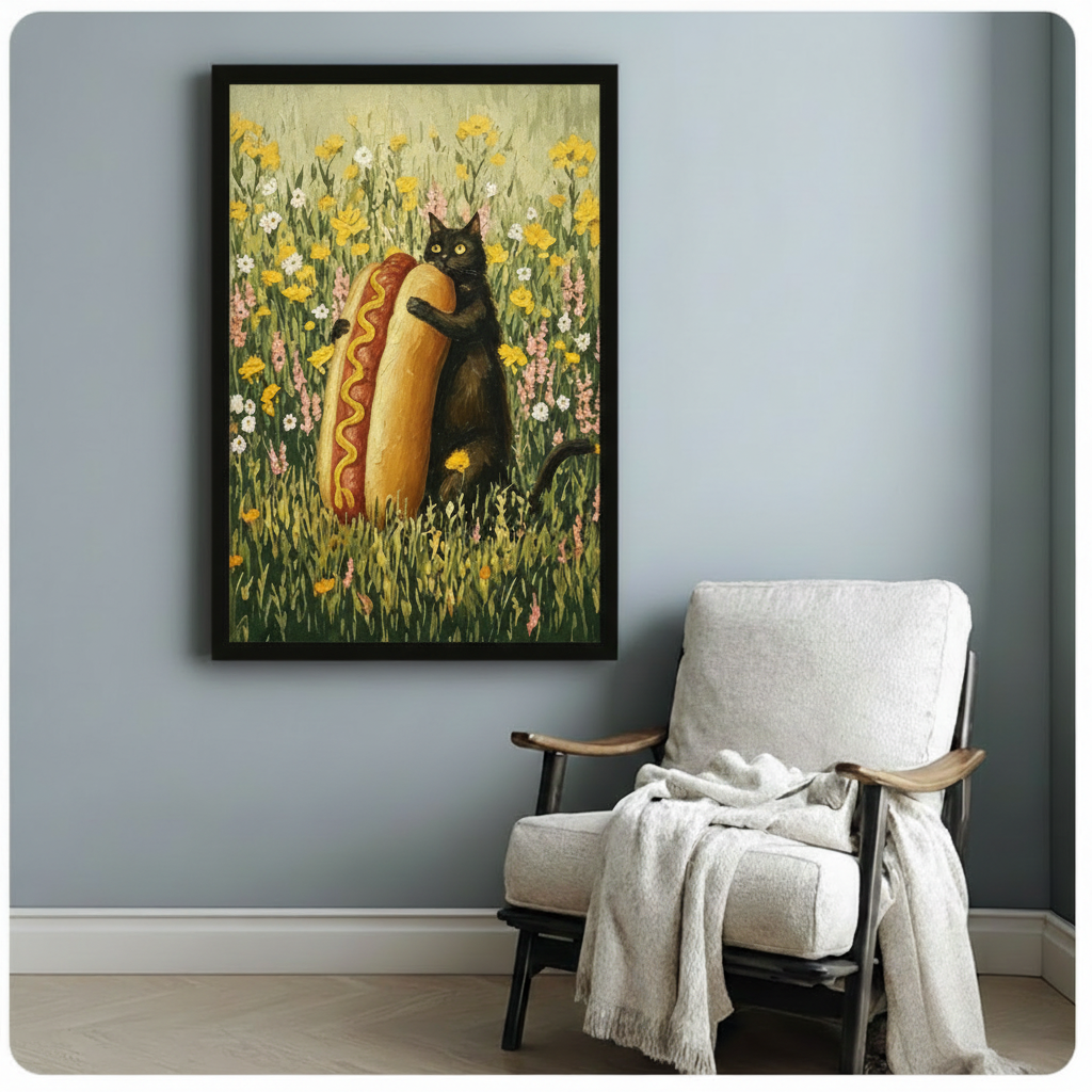 Quirky black cat with giant mustard hot dog framed art print among pink and yellow wildflowers, hung on a blue-gray wall beside a linen accent chair