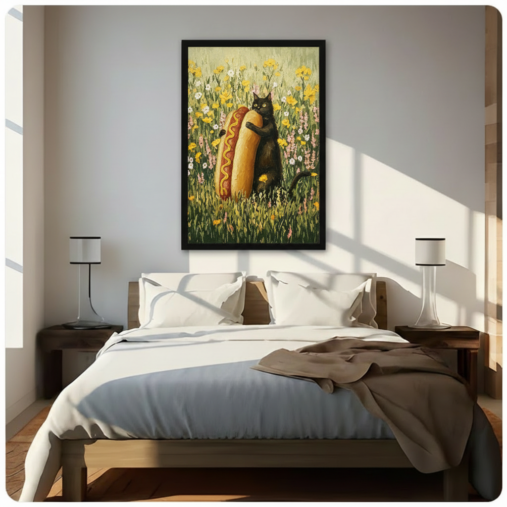 Cute black cat hot dog wall art above a wooden bed with white linen bedding, flanked by minimalist table lamps in a sunlit neutral bedroom