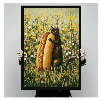 Humorous black cat hugging a huge hot dog framed poster print held up against a neutral gray background, showing oil painting texture and black frame finish