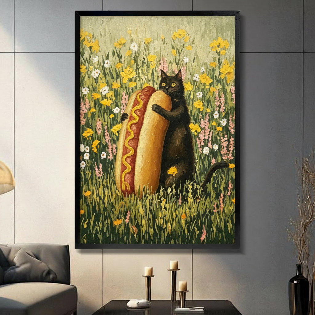 Whimsical black cat hugging a giant hot dog framed wall art print in a wildflower meadow, displayed in a modern dark living room with candlestick decor