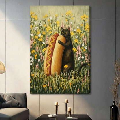 Funny black cat holding oversized hot dog canvas wall art, oil painting style with yellow wildflowers, gallery wrap, dark contemporary living room setting