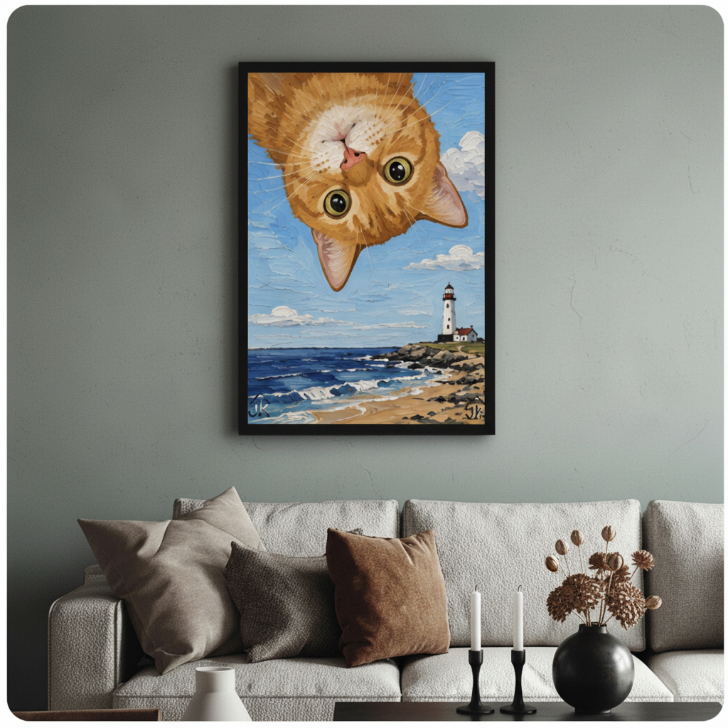 Whimsical cat lighthouse canvas print hung above sofa — bedroom and living room wall art with coastal charm