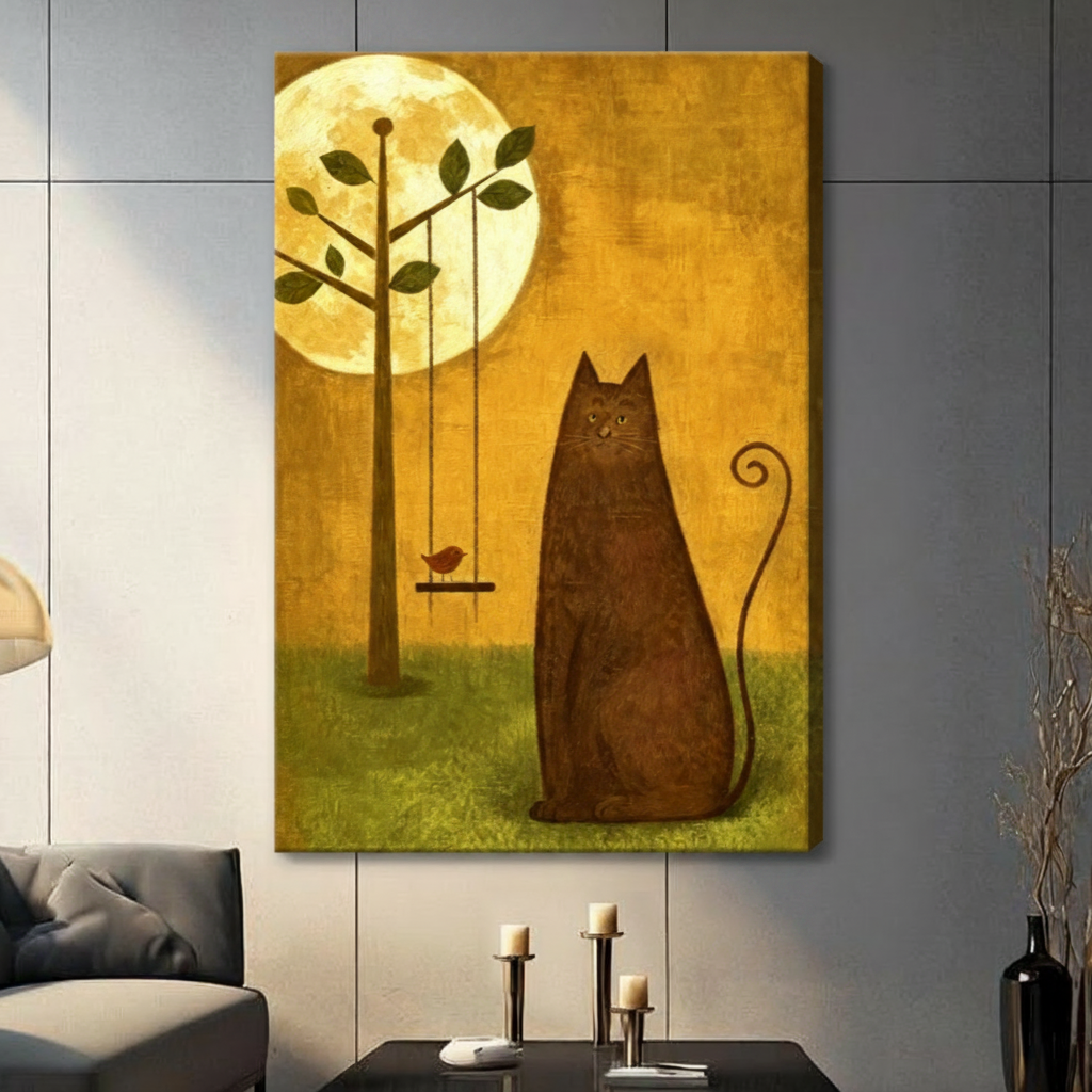 Stretched canvas wall art featuring a plump brown cat gazing calmly beside a swing tree with a tiny red bird under a luminous full moon in rich amber and olive tones, hung on a gray tile wall with candlestick decor beside a modern charcoal sofa

