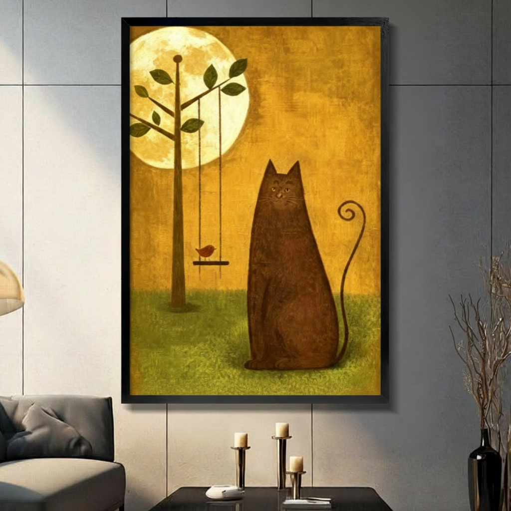 Black framed whimsical brown cat sitting on moonlit grass canvas art with a small red bird perched on a swing hanging from a slender tree beneath a glowing full moon on a warm golden background, displayed on a gray tile wall above a console table with candlesticks beside a charcoal sofa