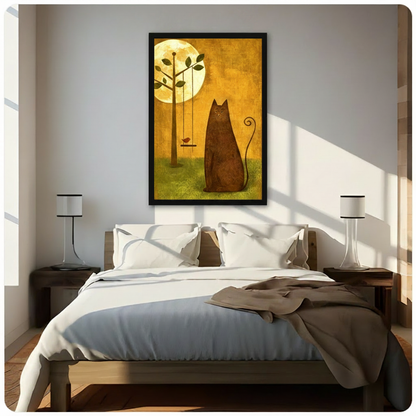 Black framed whimsical brown cat and red bird on swing canvas art with a luminous full moon and rich golden oil-painted background, hung above a wooden bed frame in a sun-drenched minimalist bedroom with crisp white linen bedding and matching cylindrical nightstand lamps