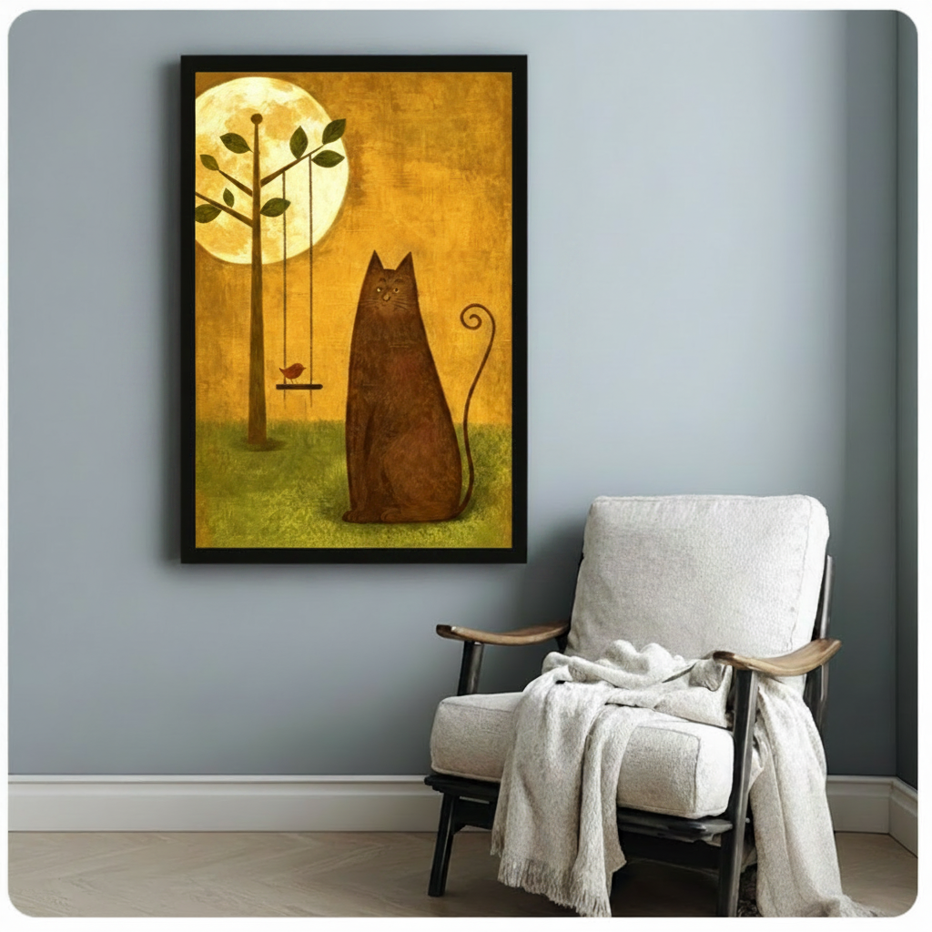 Black framed dreamy brown cat and bird on swing canvas art with a glowing full moon and warm golden oil-texture background, displayed on a soft blue-gray wall beside a white linen folding armchair draped with a cream throw blanket in a cozy reading nook