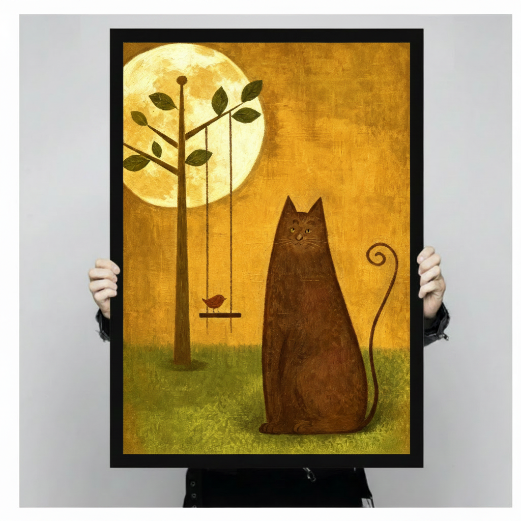 Person holding a large black framed whimsical brown cat moon canvas art print showing a round cat sitting on textured green grass beside a swing tree with a small red bird and a glowing full moon against a warm amber background