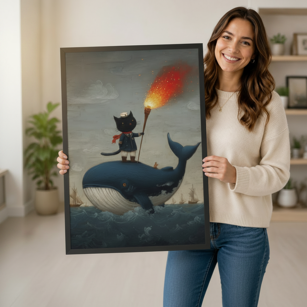 Smiling woman holding a large black framed whimsical sailor cat riding whale art print against a light gray backdrop with shelving and potted plants in the background