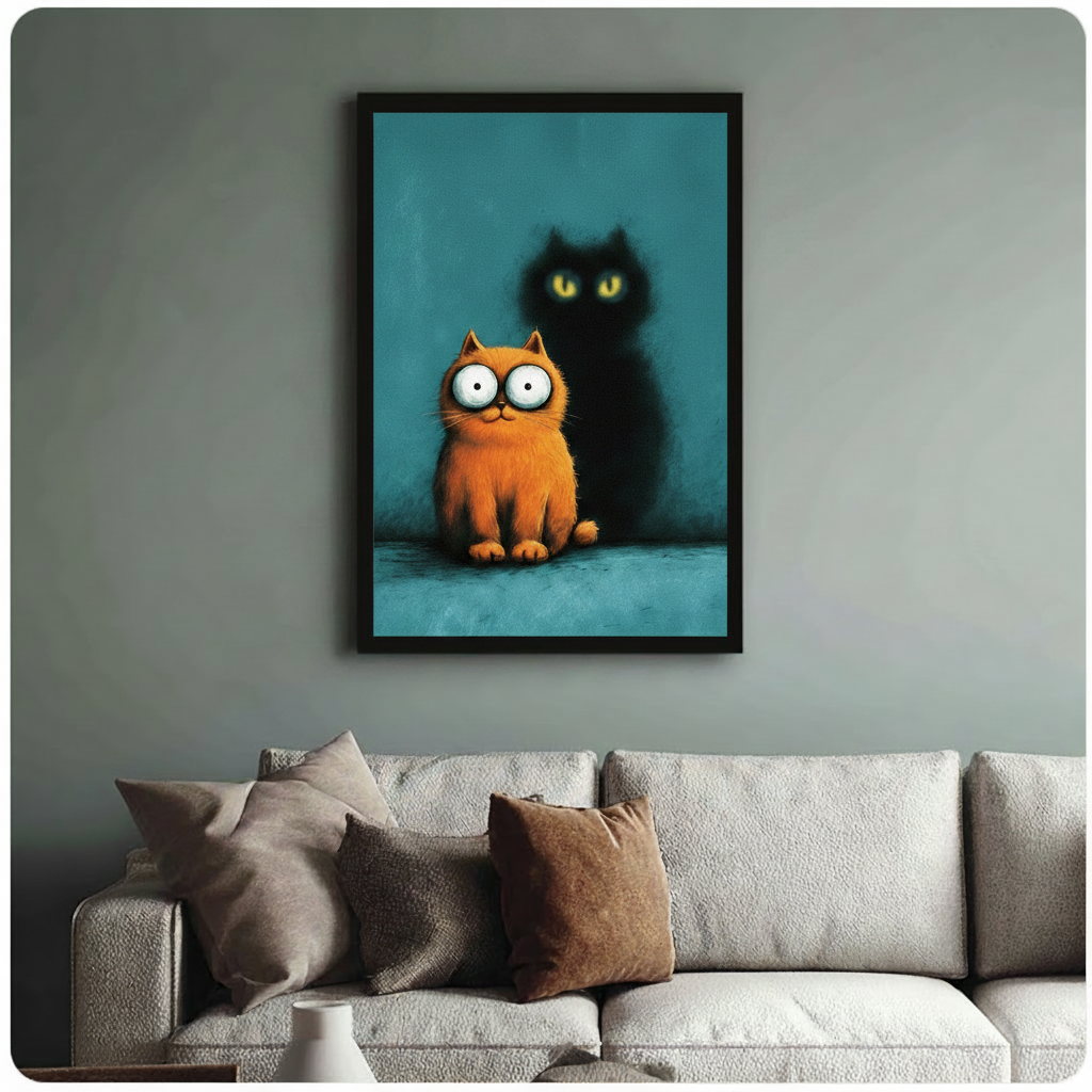 Whimsical framed poster of a fluffy orange cat and its dark looming shadow with yellow eyes, hung above a neutral linen sofa