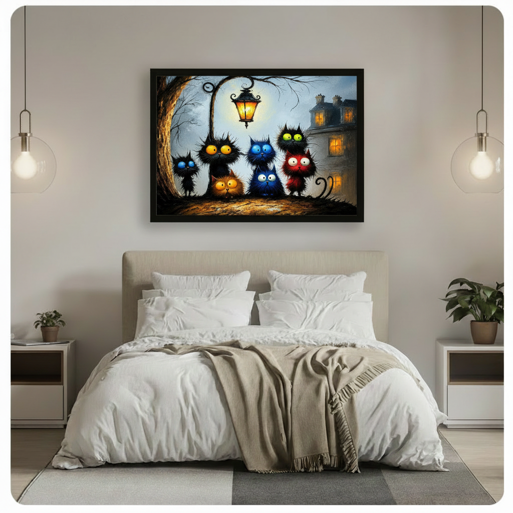 Framed whimsical cat canvas art hung above a bed, depicting a group of fluffy black cats with glowing eyes under a lantern in a gothic night scene