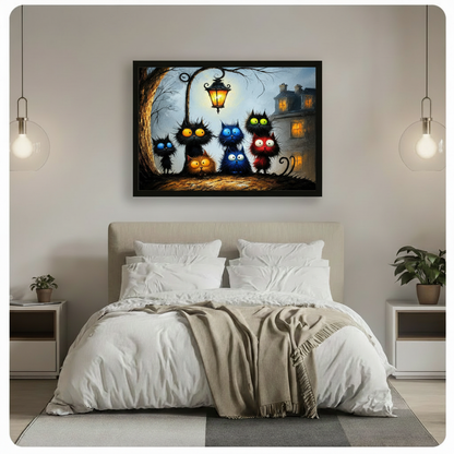 Framed whimsical cat canvas art hung above a bed, depicting a group of fluffy black cats with glowing eyes under a lantern in a gothic night scene
