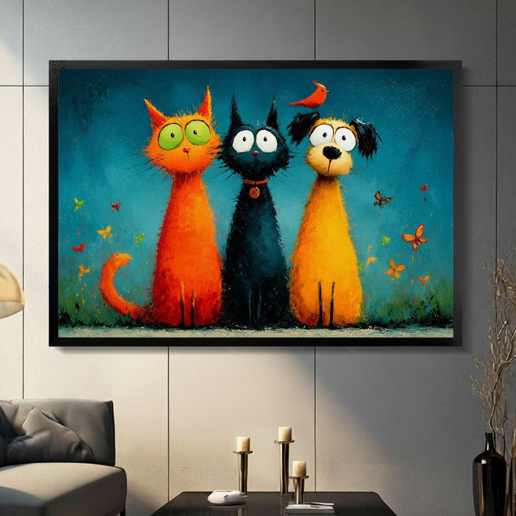 Whimsical orange cat black cat and yellow dog with red cardinal framed canvas wall art with colorful butterflies displayed in modern living room