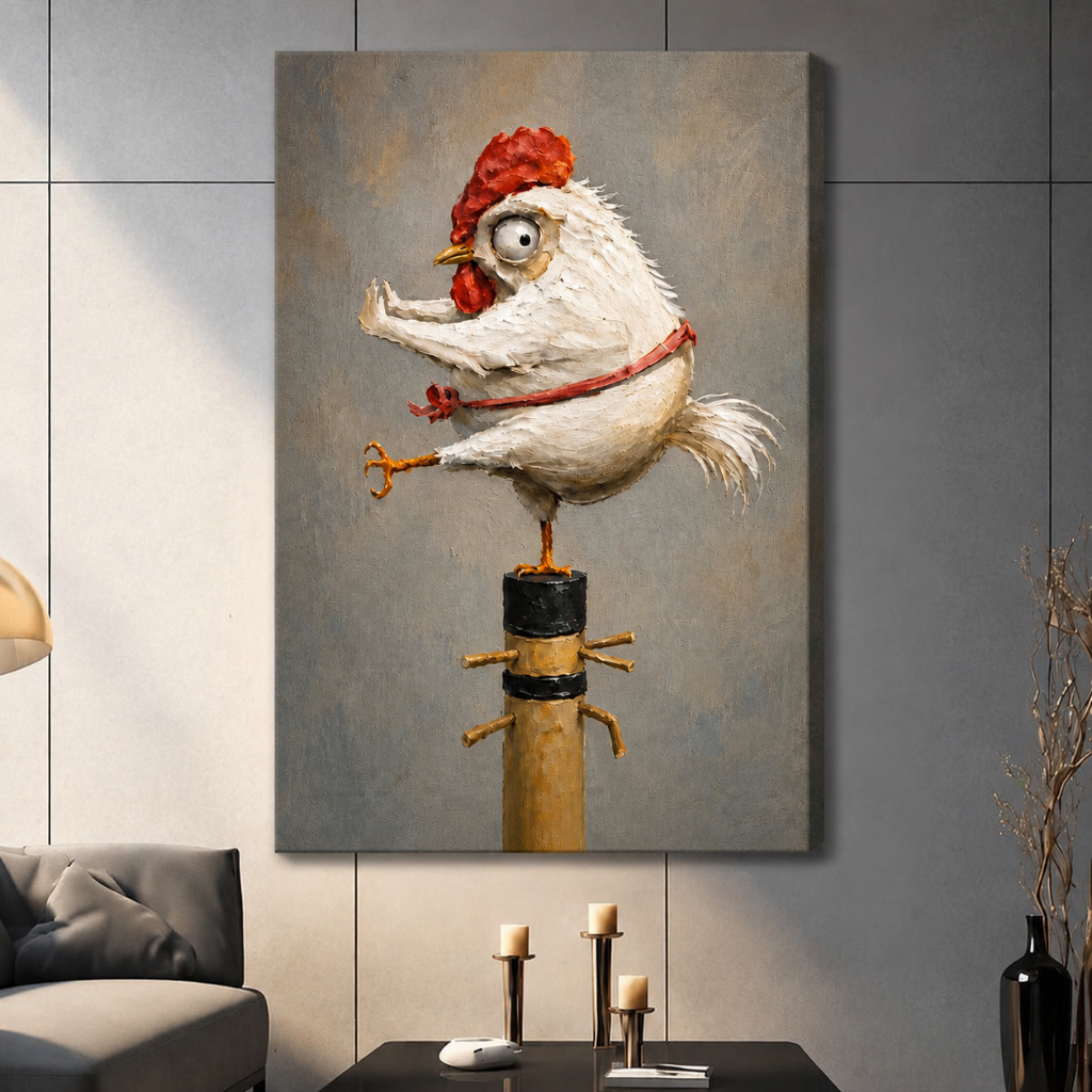 Gallery-wrapped canvas print of a humorous wide-eyed white chicken clutching a golden key and perched atop a bamboo post, hung in a contemporary living room setting