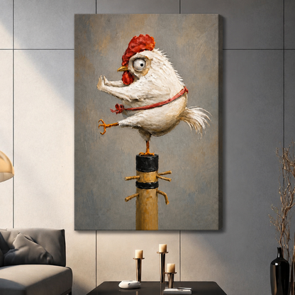 Gallery-wrapped canvas print of a humorous wide-eyed white chicken clutching a golden key and perched atop a bamboo post, hung in a contemporary living room setting