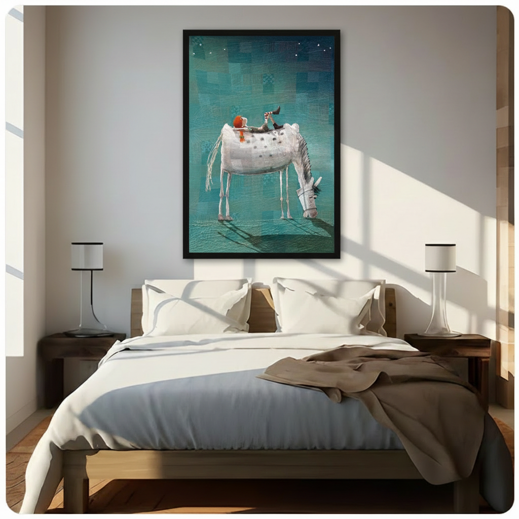 Whimsical child on white horse framed canvas wall art above bed in bright modern bedroom with white bedding and wood nightstands