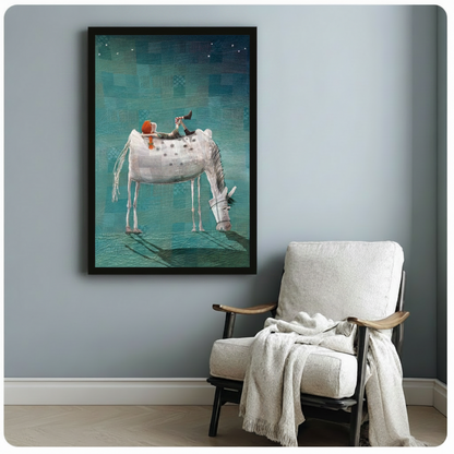 Whimsical child on white horse framed canvas wall art on blue-gray wall above white linen armchair with draped throw