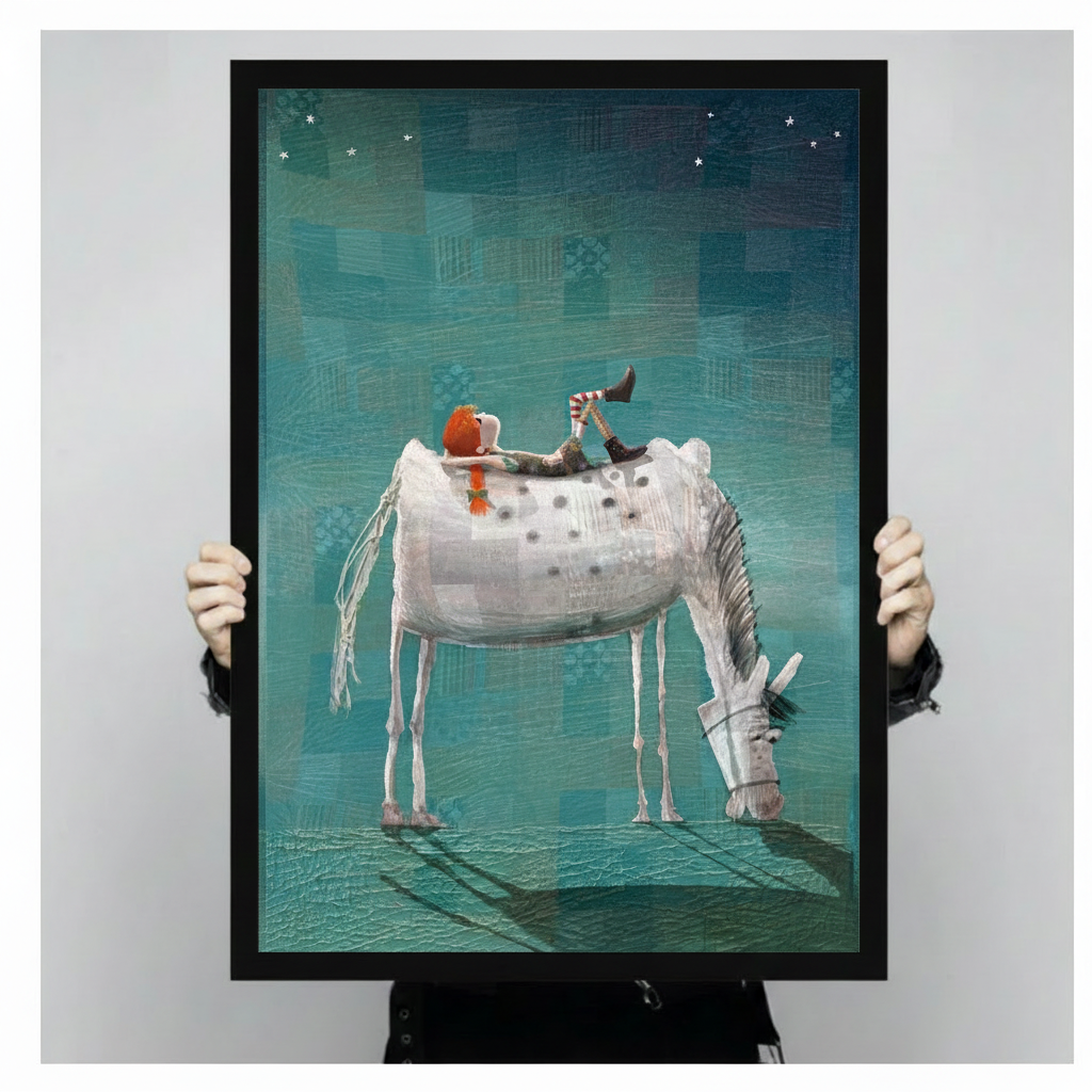 Whimsical red-haired child lying on white spotted horse black float frame canvas wall art held against light gray background