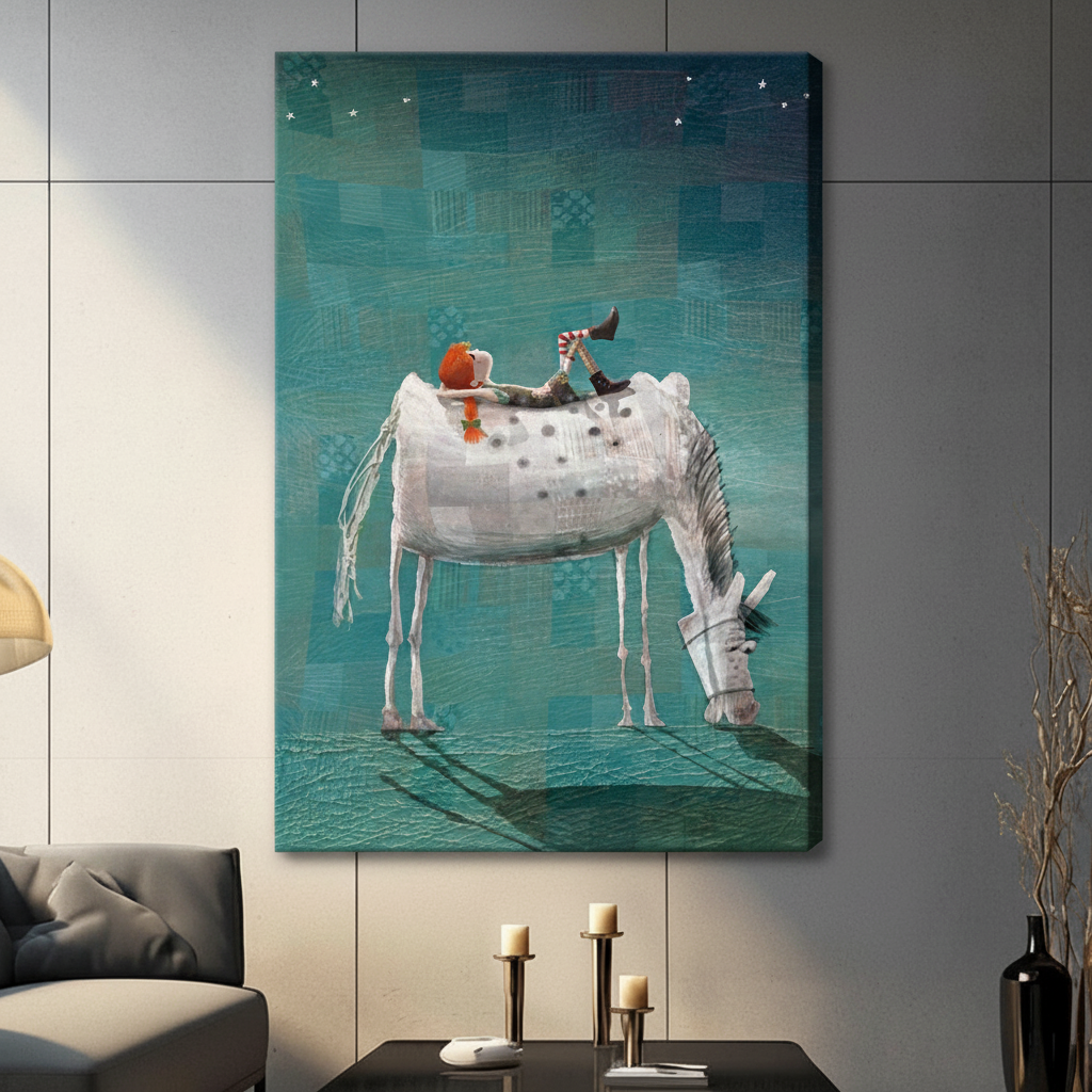 Whimsical child on white horse frameless gallery wrap canvas on dark gray tile wall above console table showing teal wrap edge