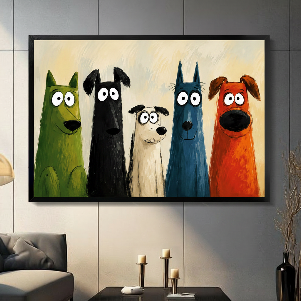Framed canvas wall art featuring five whimsical cartoon dogs in bold green, black, white, blue and orange colors with oversized expressive eyes, displayed on a living room wall