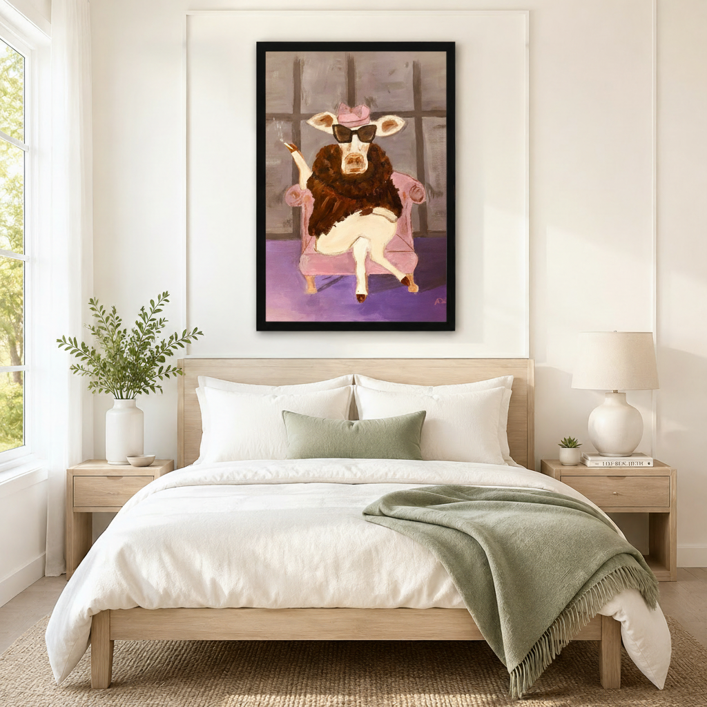 Whimsical cow in pink cowboy hat and sunglasses large framed canvas print above bed — boho bedroom wall decor