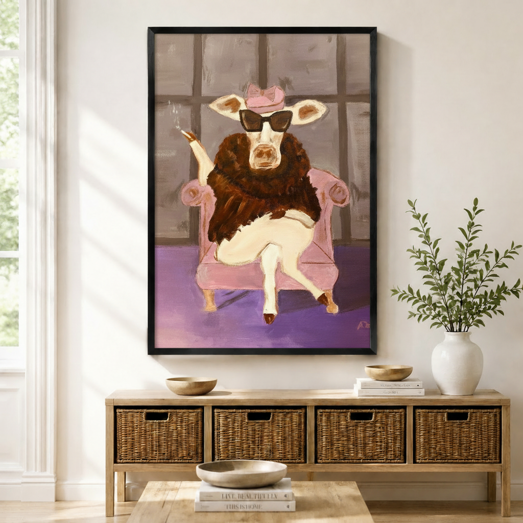 Whimsical cow in sunglasses framed canvas print displayed above entryway console — boho wall art for living room