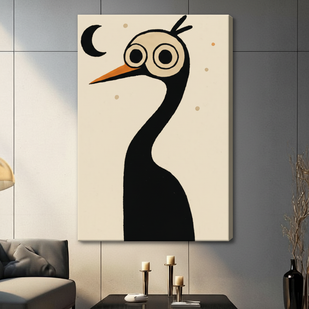 Whimsical crane bird stretched canvas wall art hung in contemporary living room with candlestick decor