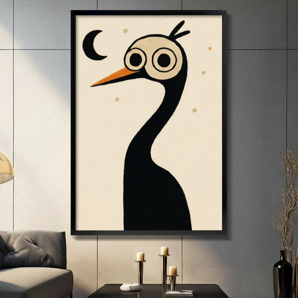 Black framed whimsical crane bird canvas art displayed in modern living room above console table with candles