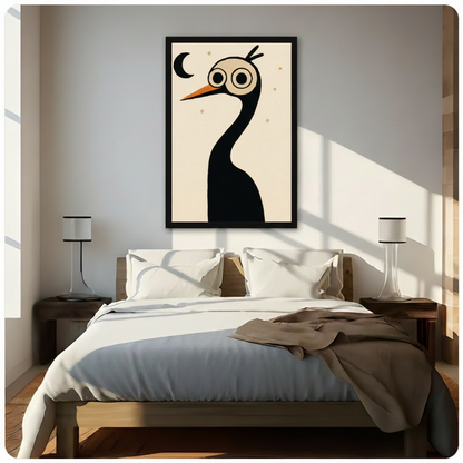 Black framed whimsical crane bird canvas art hung above bed in bright minimalist bedroom with white bedding