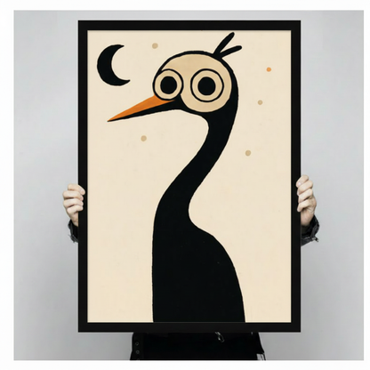 Black framed whimsical crane bird canvas art displayed beside white linen armchair with cream throw blanket