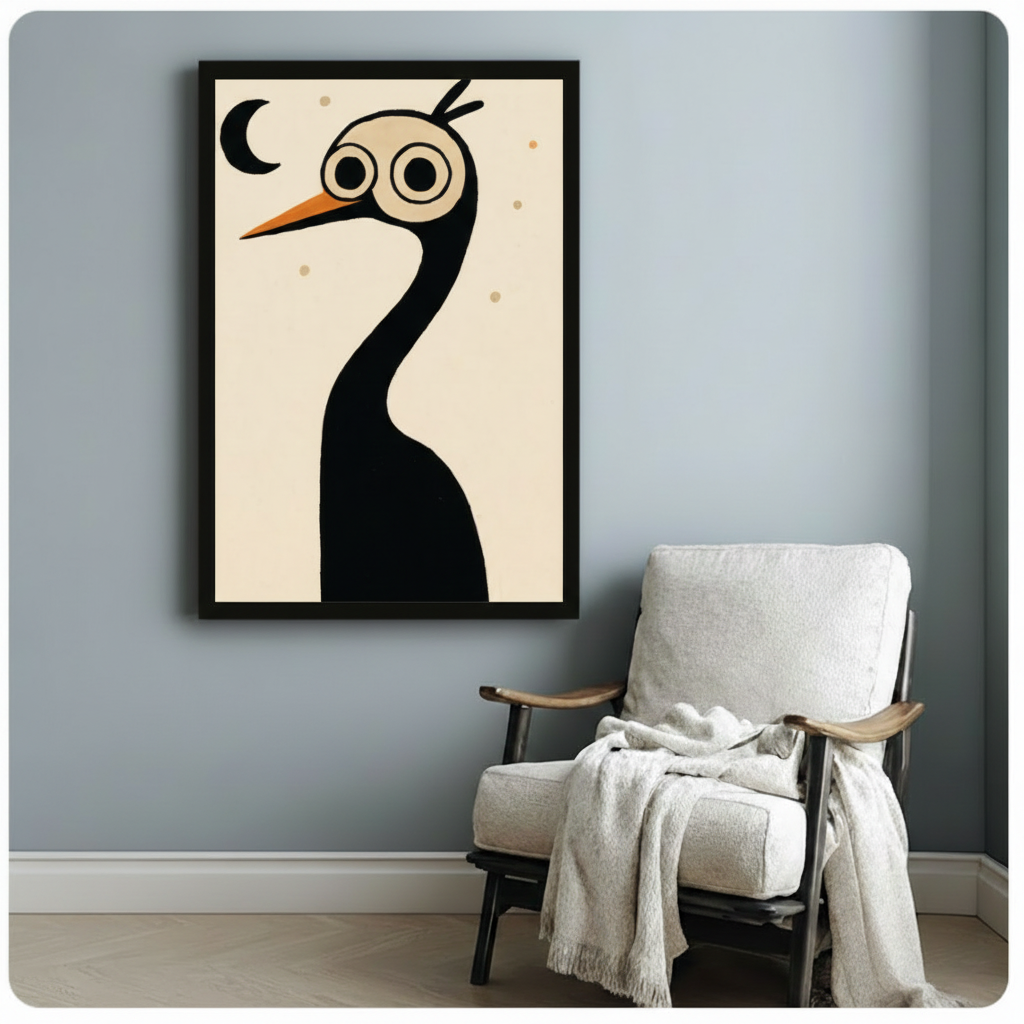 Person holding a large black framed whimsical crane bird canvas art print against light gray background
