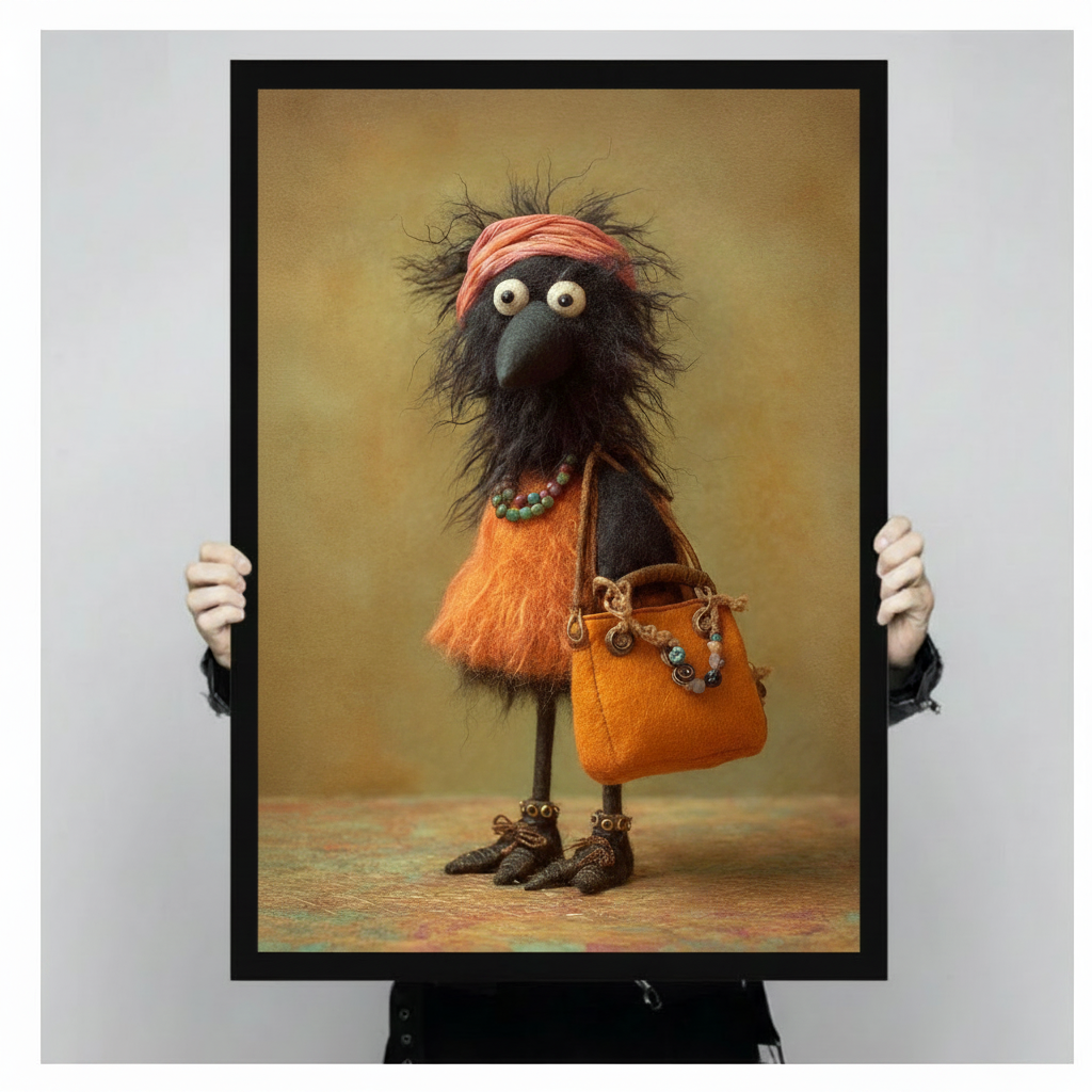 Framed canvas art print of quirky crow with wild hair, big googly eyes, orange fluffy dress and orange leather bag, held up showing full artwork detail and black frame