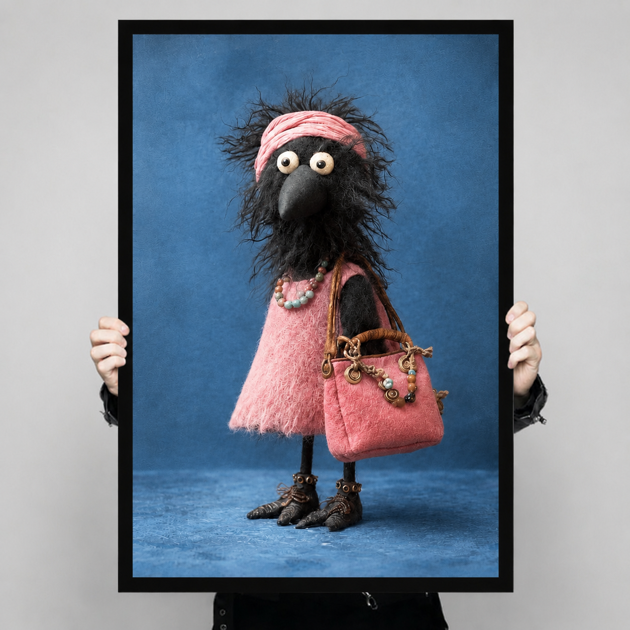 Close-up of a black-framed art print showing a quirky crow character wearing a pink fluffy dress, bead necklace, and carrying an ornate pink handbag