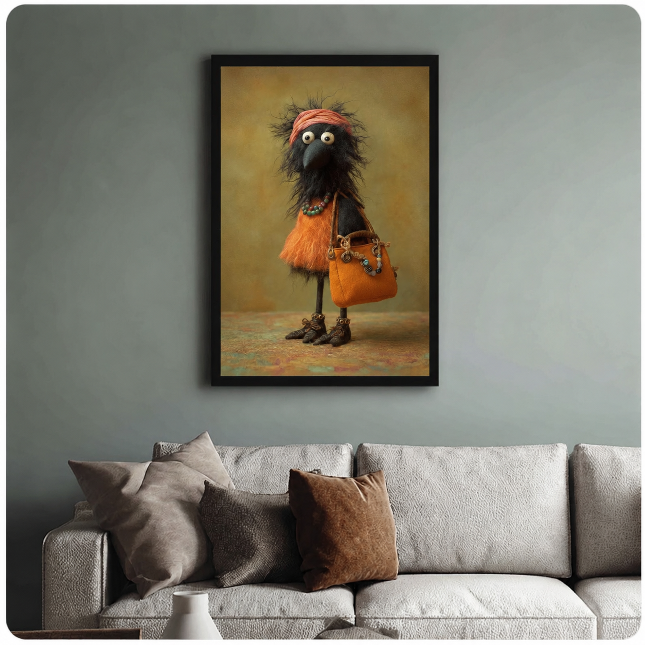 Whimsical crow character in orange fluffy dress holding a handbag, framed wall art print for living room decor