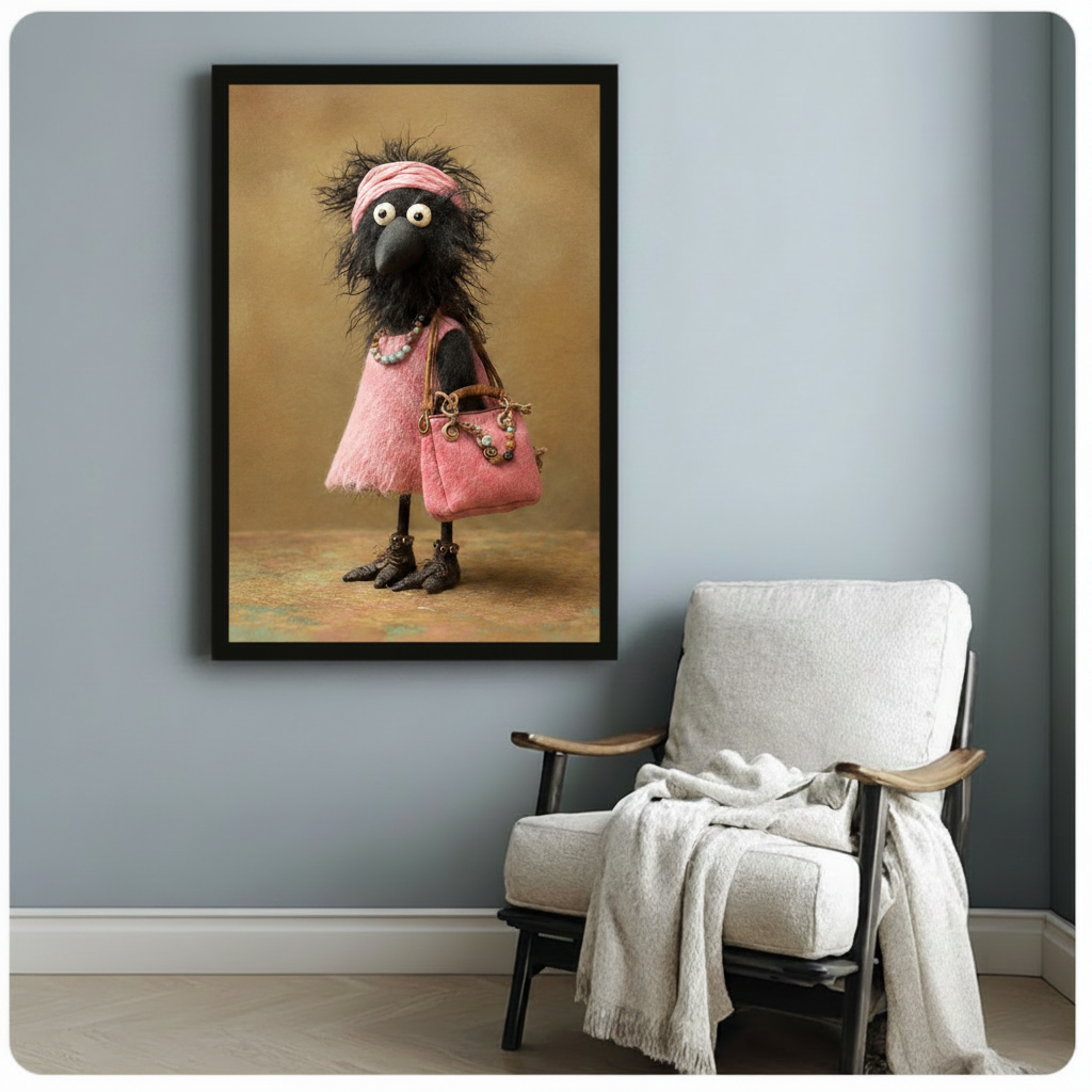 Black framed art poster of a humorous crow character in pink dress and boots holding a pink handbag, styled in a cozy reading nook setting