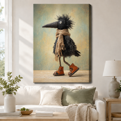Gallery wrap canvas featuring a quirky black raven character in a burlap scarf and lace-up boots, hung above a white sofa in a cozy neutral living room