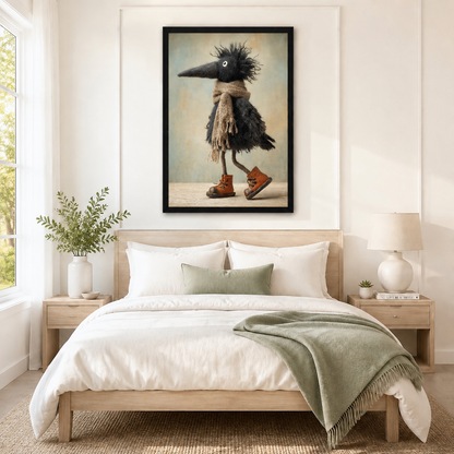 Black framed quirky raven with knit scarf and lace-up leather boots wall art displayed above a neutral linen bed in a serene Scandinavian bedroom