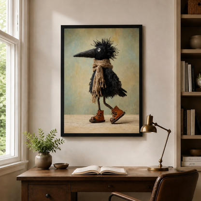 Black framed whimsical crow wall art wearing a burlap scarf and brown leather boots, displayed above a wooden desk with brass lamp in a cozy home office reading nook