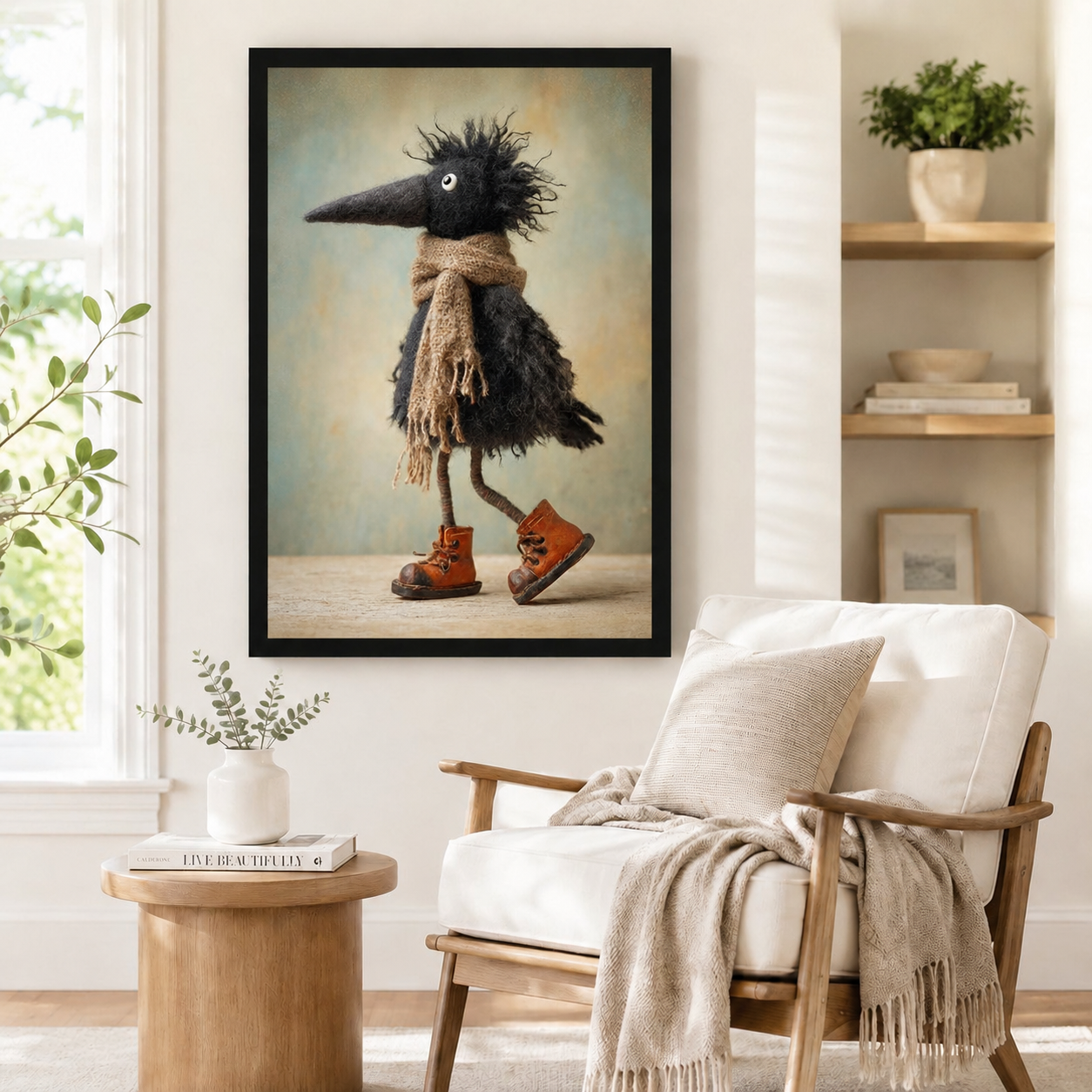 Black framed whimsical crow art print with knit scarf and vintage leather boots, styled beside a linen armchair in a warm Scandinavian reading corner