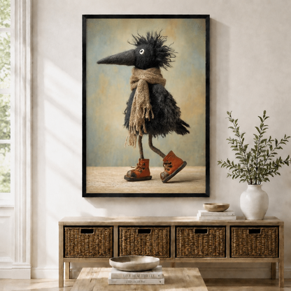 Black framed wall art print of a whimsical fluffy crow wearing a knit scarf and brown leather boots, displayed above a rattan console table in a bright Scandinavian entryway