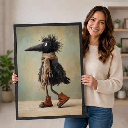 Smiling woman holding a large black-framed art print of a fluffy crow wearing a scarf and brown boots, whimsical gothic bird wall art for eclectic home decor