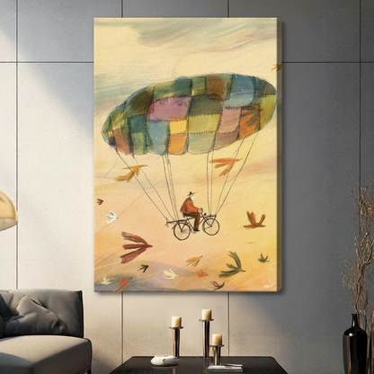 Unframed stretched canvas print of a dreamy old man on a bicycle lifted by a large colorful patchwork parachute floating through a warm amber sky with scattered colorful birds in whimsical watercolor illustration style