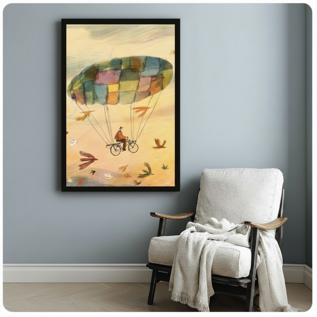 Black framed whimsical watercolor cyclist parachute canvas art print with a man on a bicycle soaring under a multicolored patchwork canopy amid golden sky and colorful birds on a blue-grey wall beside a white linen armchair with draped throw