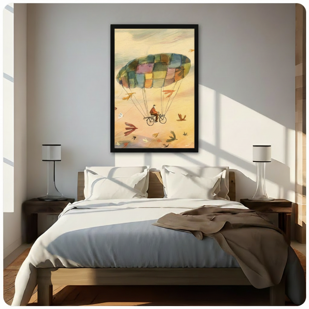 Framed whimsical watercolor illustration of an elderly man riding a bicycle beneath a large colorful patchwork parachute drifting through a warm golden amber sky with multicolored birds canvas wall art hung above a dark walnut bed in a sunlit bedroom