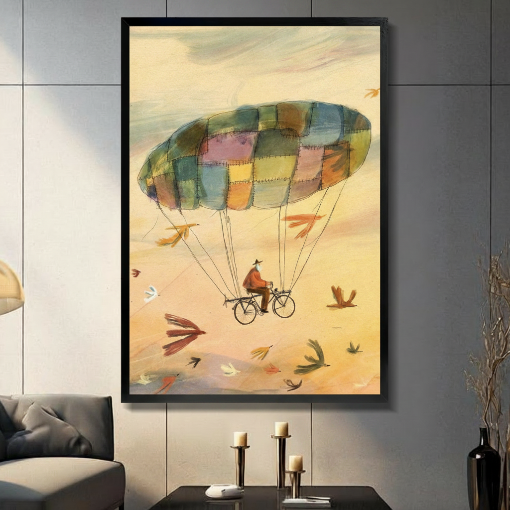 Framed whimsical watercolor illustration canvas wall art of an old man riding a bicycle suspended from a colorful patchwork parachute soaring through a warm golden sky surrounded by multicolored flying birds on a dark grey wall in a modern living room