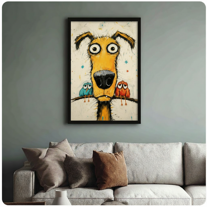 Whimsical black-framed graffiti-style art print of a goofy yellow dog and two colorful birds, displayed above a neutral linen sofa